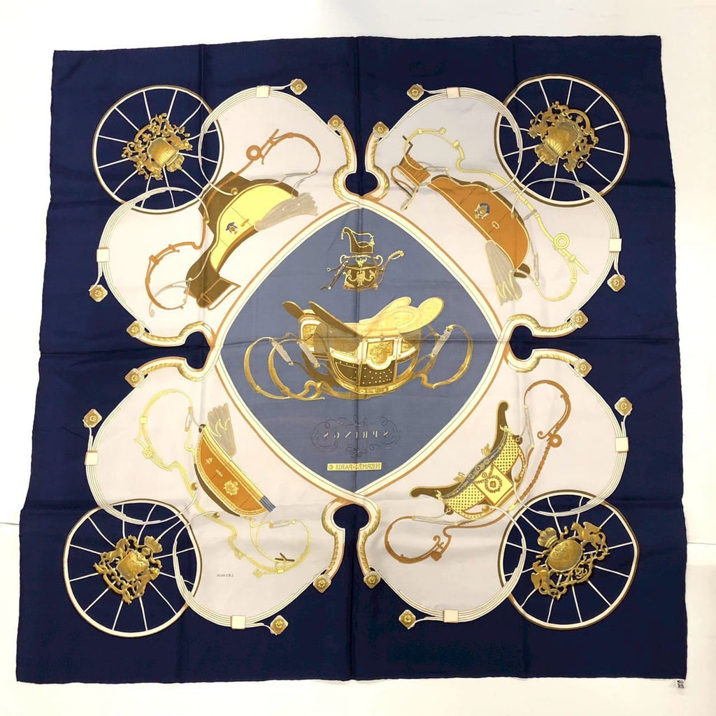 HERMES Carre 90 SPRINGS Scarf, Silk, Navy, Women's, Vintage PRE-OWNED