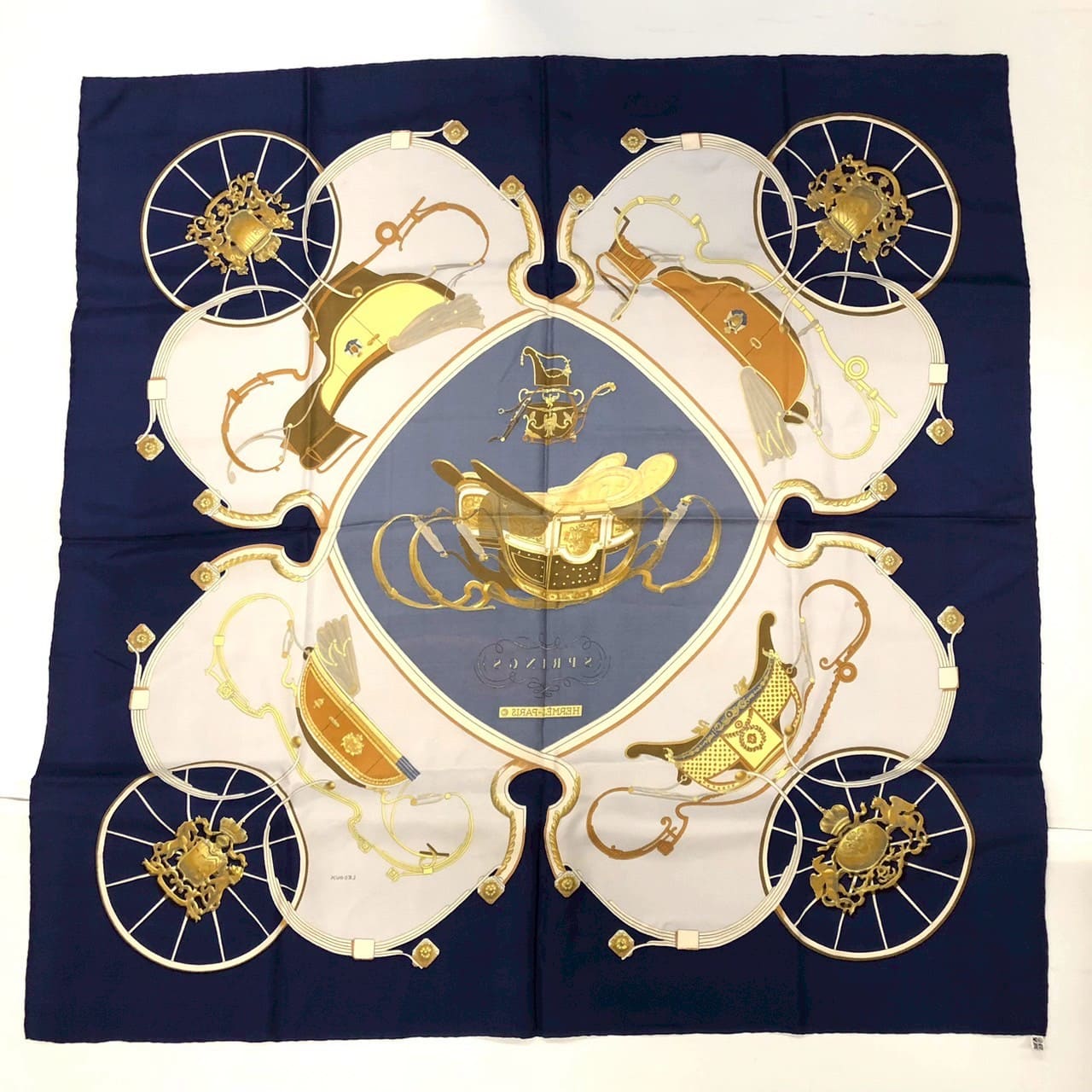 HERMES Carre 90 SPRINGS Scarf, Silk, Navy, Women's, Vintage PRE-OWNED