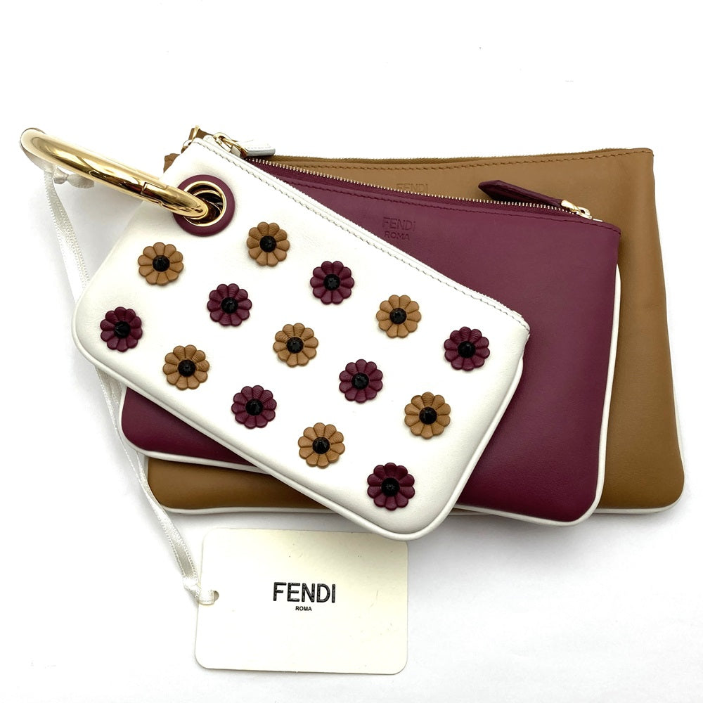Fendi 8BS001A1FS Triplet 3-Pouch Clutch Bag Leather White/Red/Brown Pre-owned
