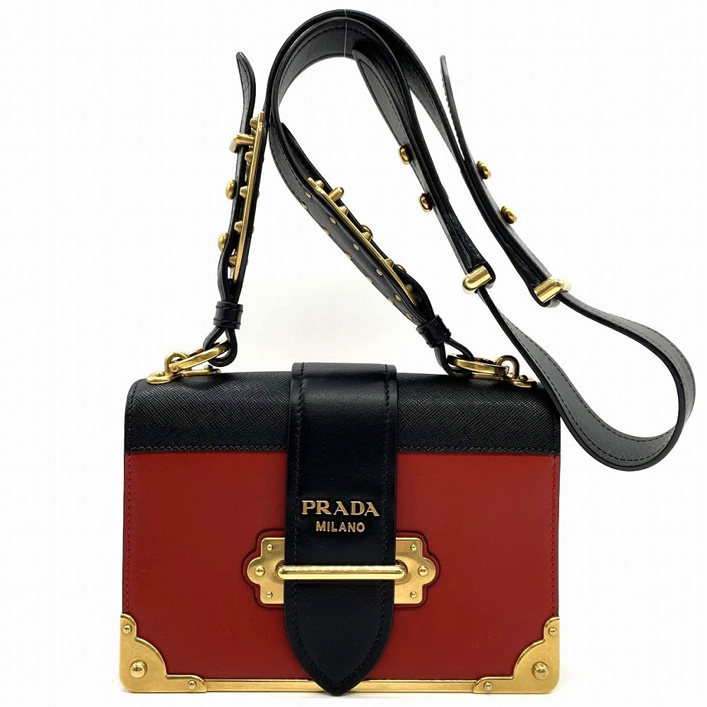 Prada Cahier Mini Shoulder Bag Saffiano Leather Red/Black/Gold Pre-owned