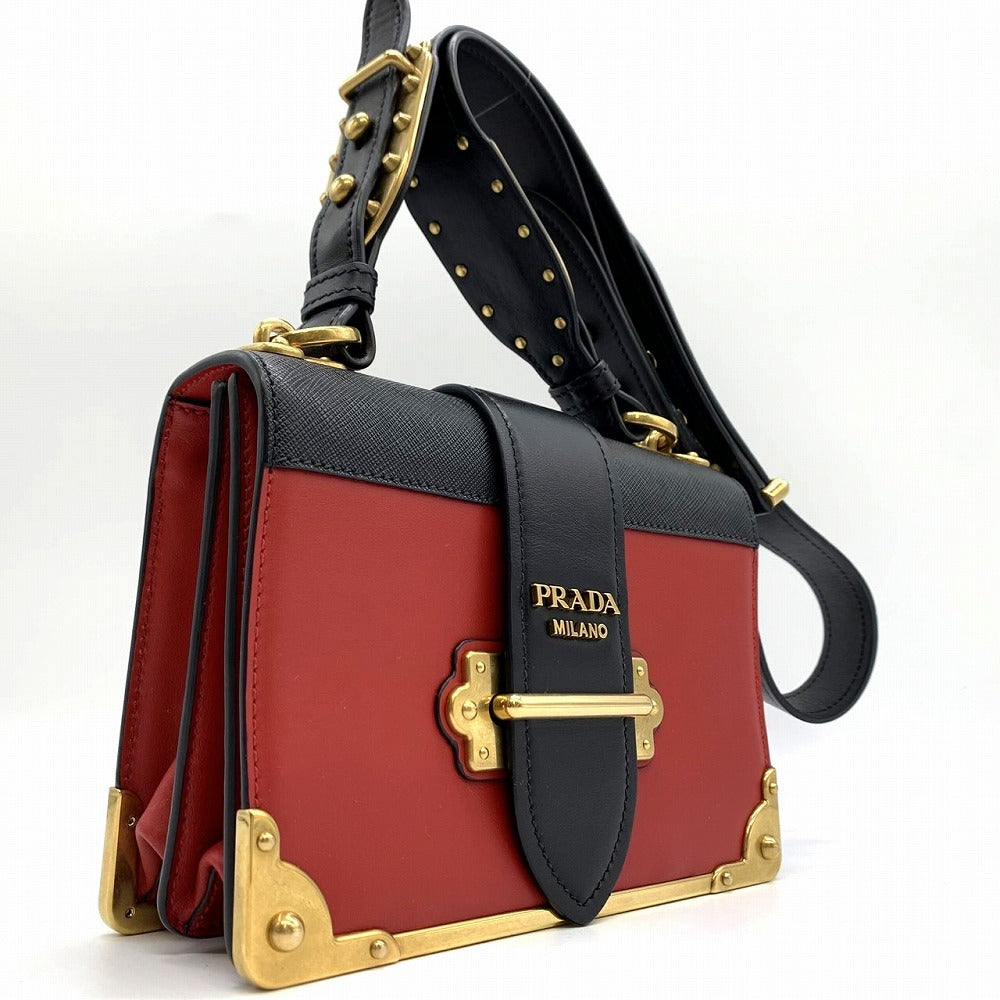 Prada Cahier Mini Shoulder Bag Saffiano Leather Red/Black/Gold Pre-owned