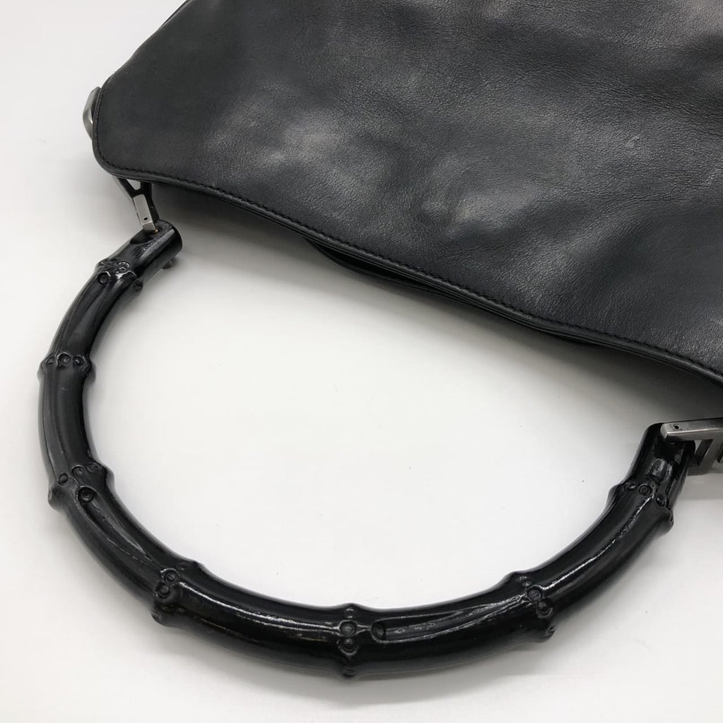 GUCCI 001 1638 Bamboo Handbag Shoulder Bag Leather Black Women's Men's Vintage PRE-OWNED