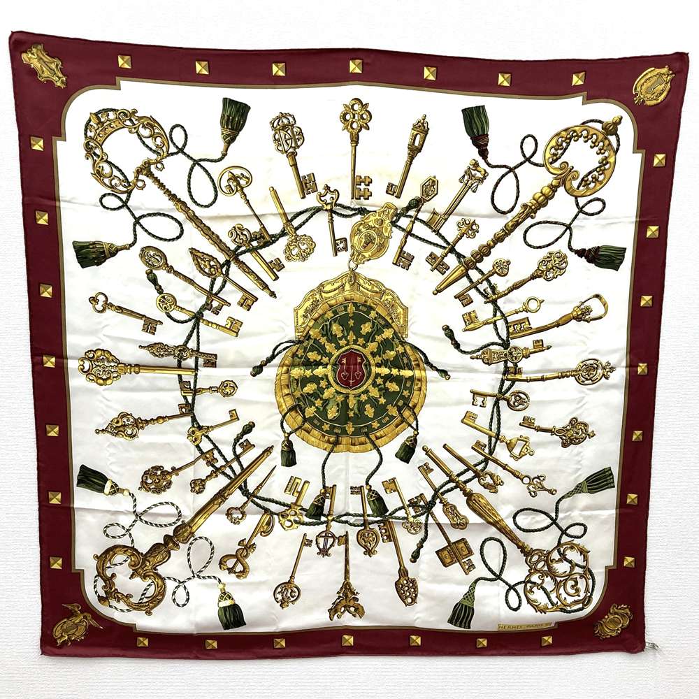 HERMES Carre 90 LES CLES THE KEYS RARE Key Scarf, Silk, Red, Women's/Men's, Vintage, Brand, PRE-OWNED, Gift