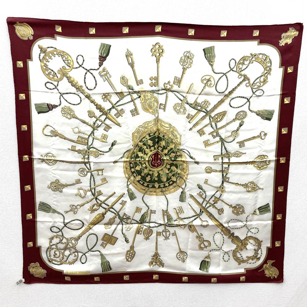 HERMES Carre 90 LES CLES THE KEYS RARE Key Scarf, Silk, Red, Women's/Men's, Vintage, Brand, PRE-OWNED, Gift
