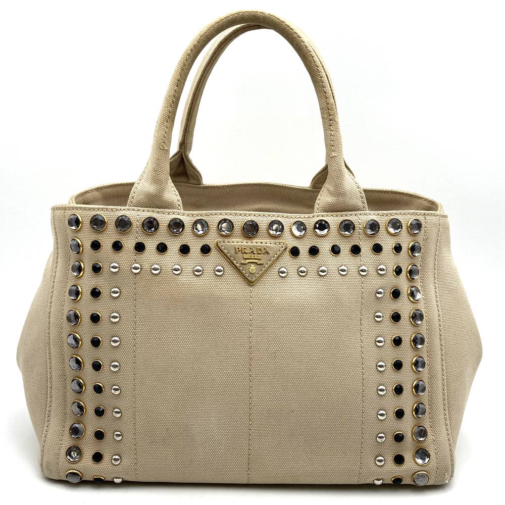 Prada Canapa Beaded Tote Bag/Handbag Canvas Beige/Ivory Pre-owned