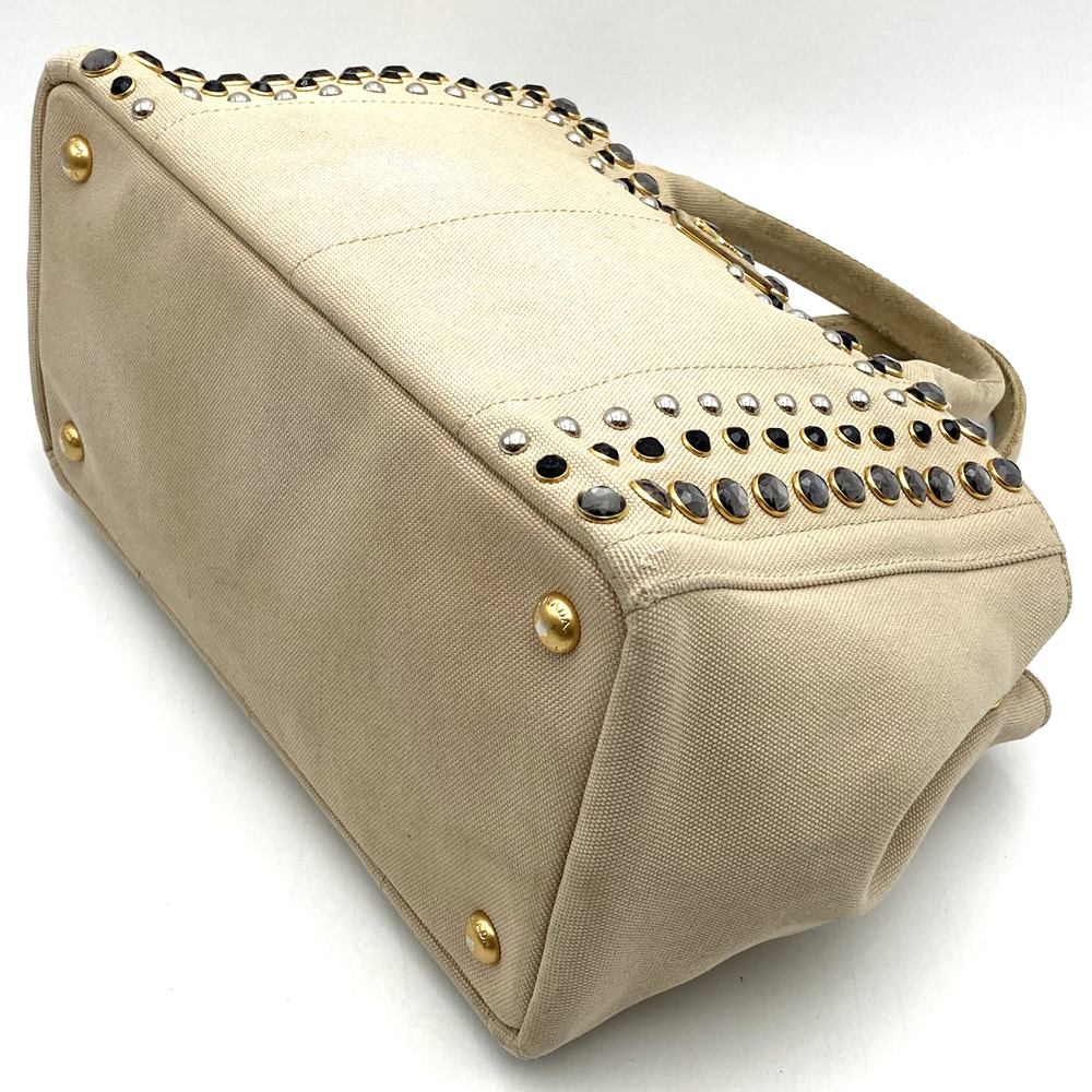 Prada Canapa Beaded Tote Bag/Handbag Canvas Beige/Ivory Pre-owned