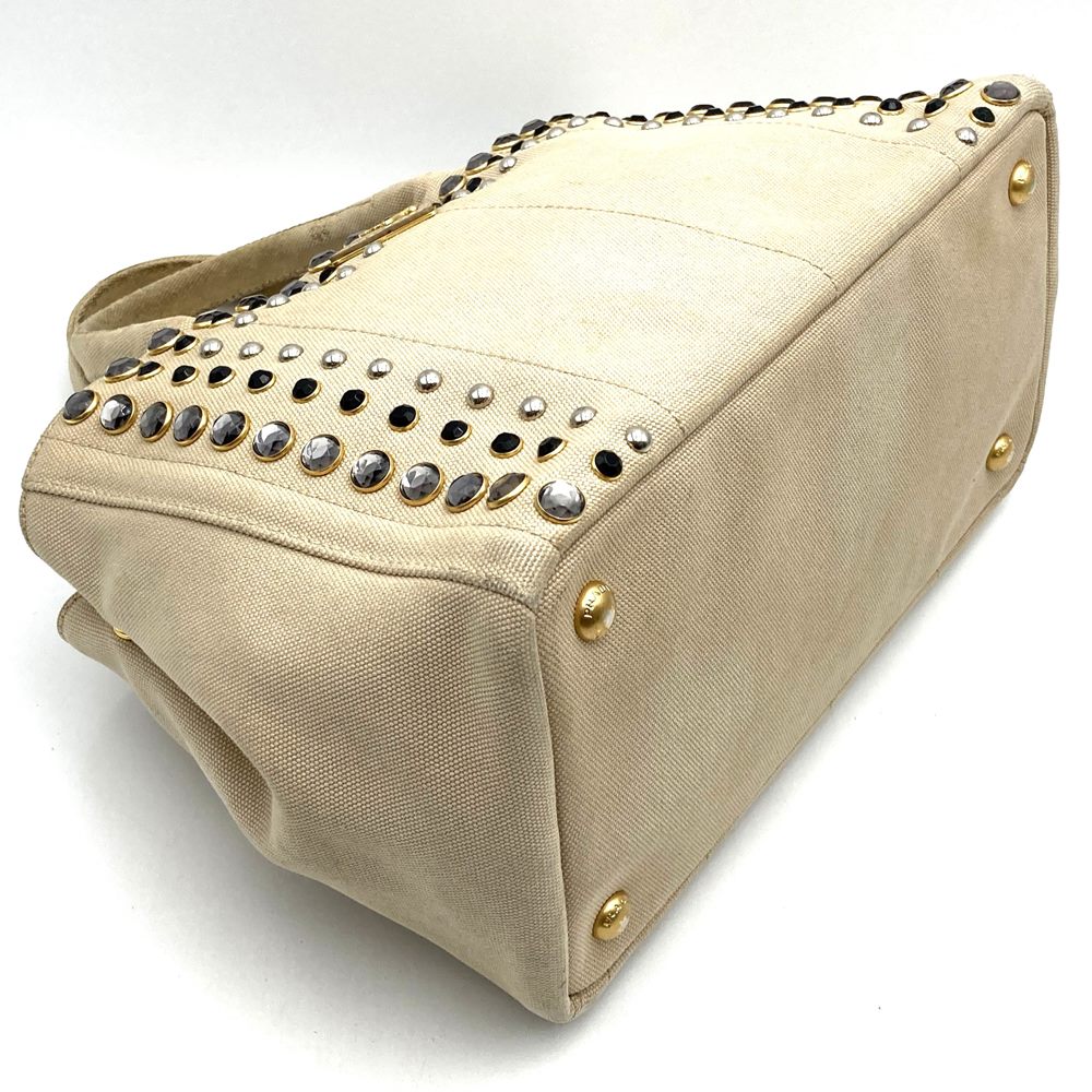 Prada Canapa Beaded Tote Bag/Handbag Canvas Beige/Ivory Pre-owned