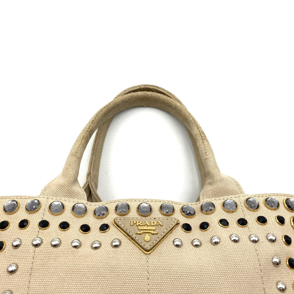Prada Canapa Beaded Tote Bag/Handbag Canvas Beige/Ivory Pre-owned