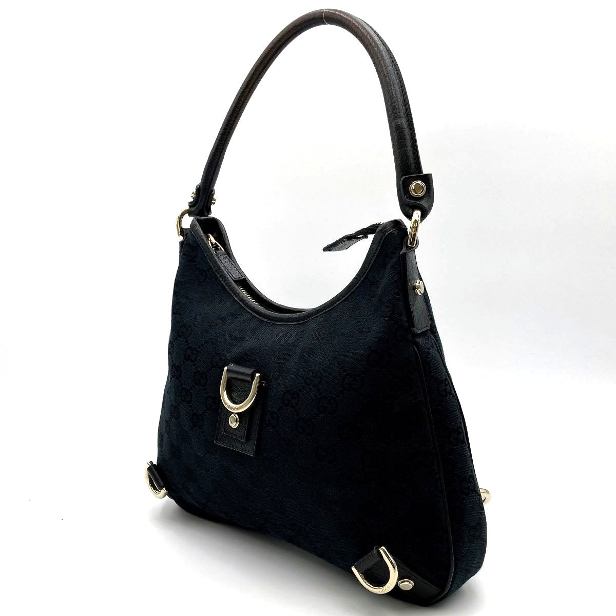 Gucci 130733 Abbey Line Shoulder Bag GG Canvas/Leather Black Pre-owned