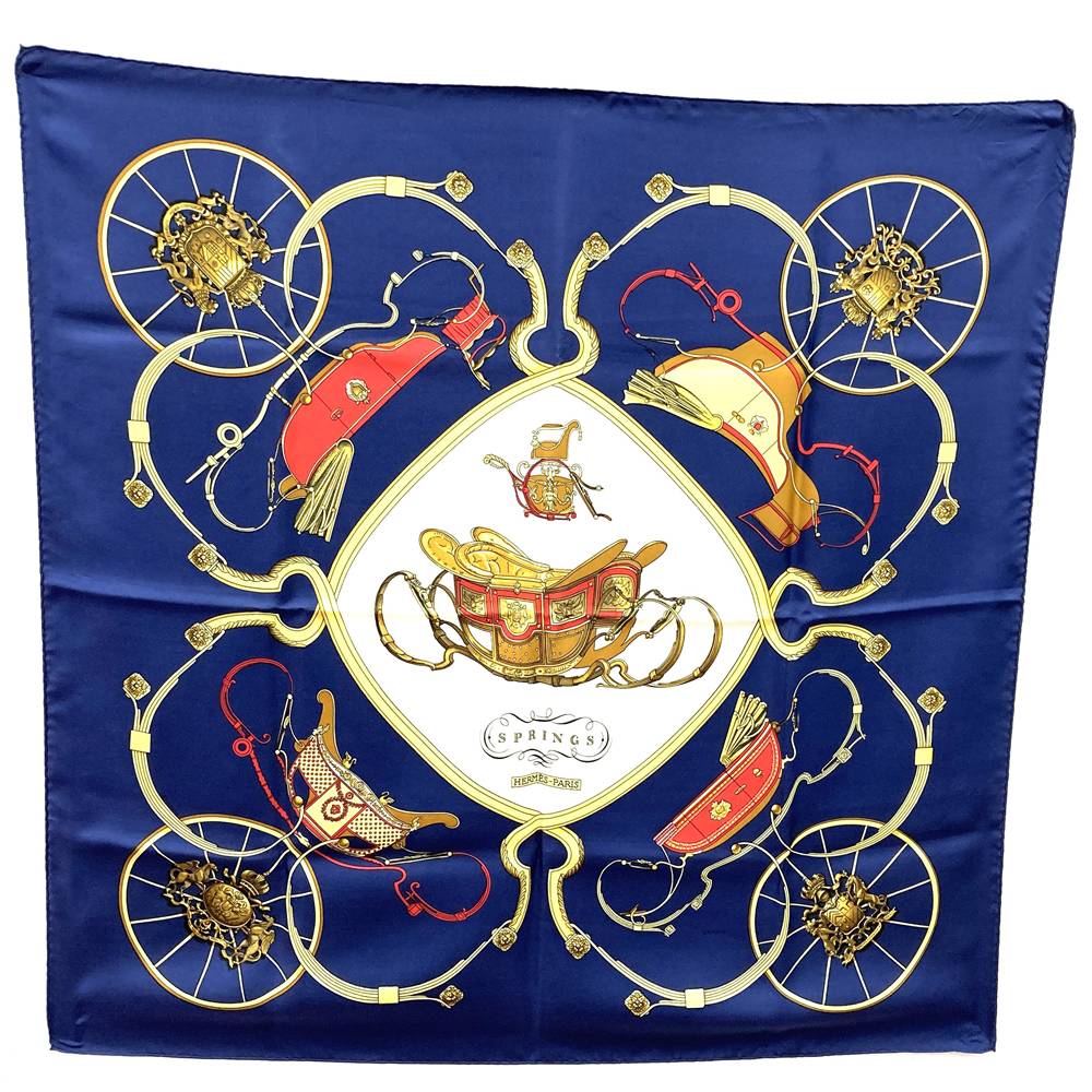 HERMES Carre 90 SPRINGS Scarf, Four-Wheeled Carriage, Silk, Navy, Women's Fashion Accessory PRE-OWNED