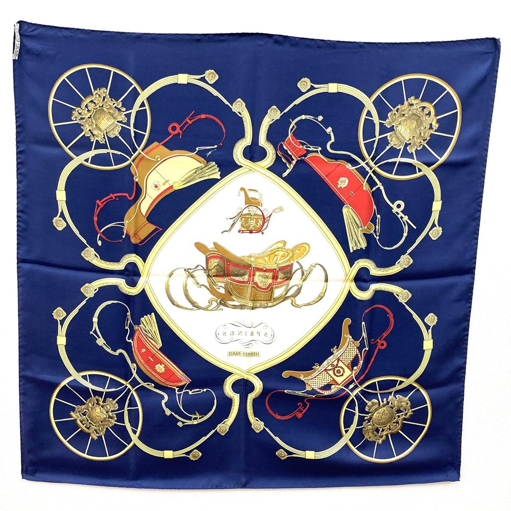 HERMES Carre 90 SPRINGS Scarf, Four-Wheeled Carriage, Silk, Navy, Women's Fashion Accessory PRE-OWNED