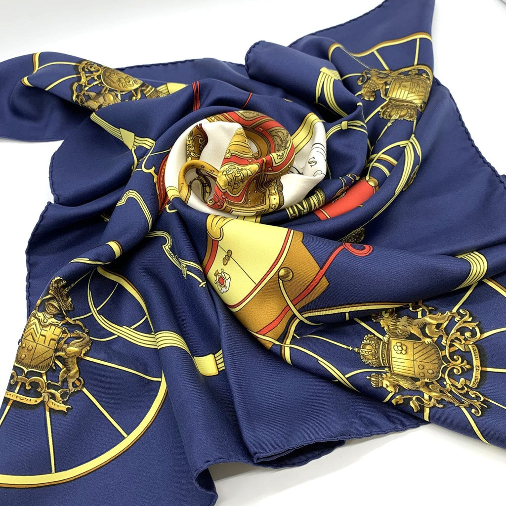 HERMES Carre 90 SPRINGS Scarf, Four-Wheeled Carriage, Silk, Navy, Women's Fashion Accessory PRE-OWNED