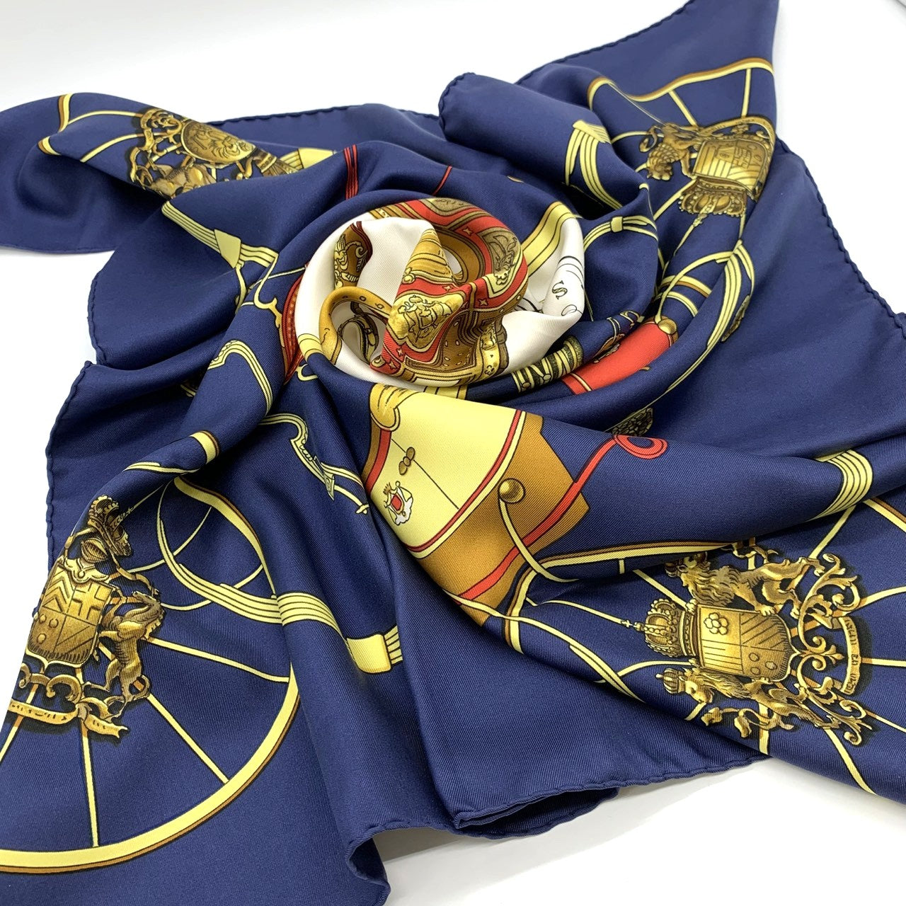 HERMES Carre 90 SPRINGS Scarf, Four-Wheeled Carriage, Silk, Navy, Women's Fashion Accessory PRE-OWNED