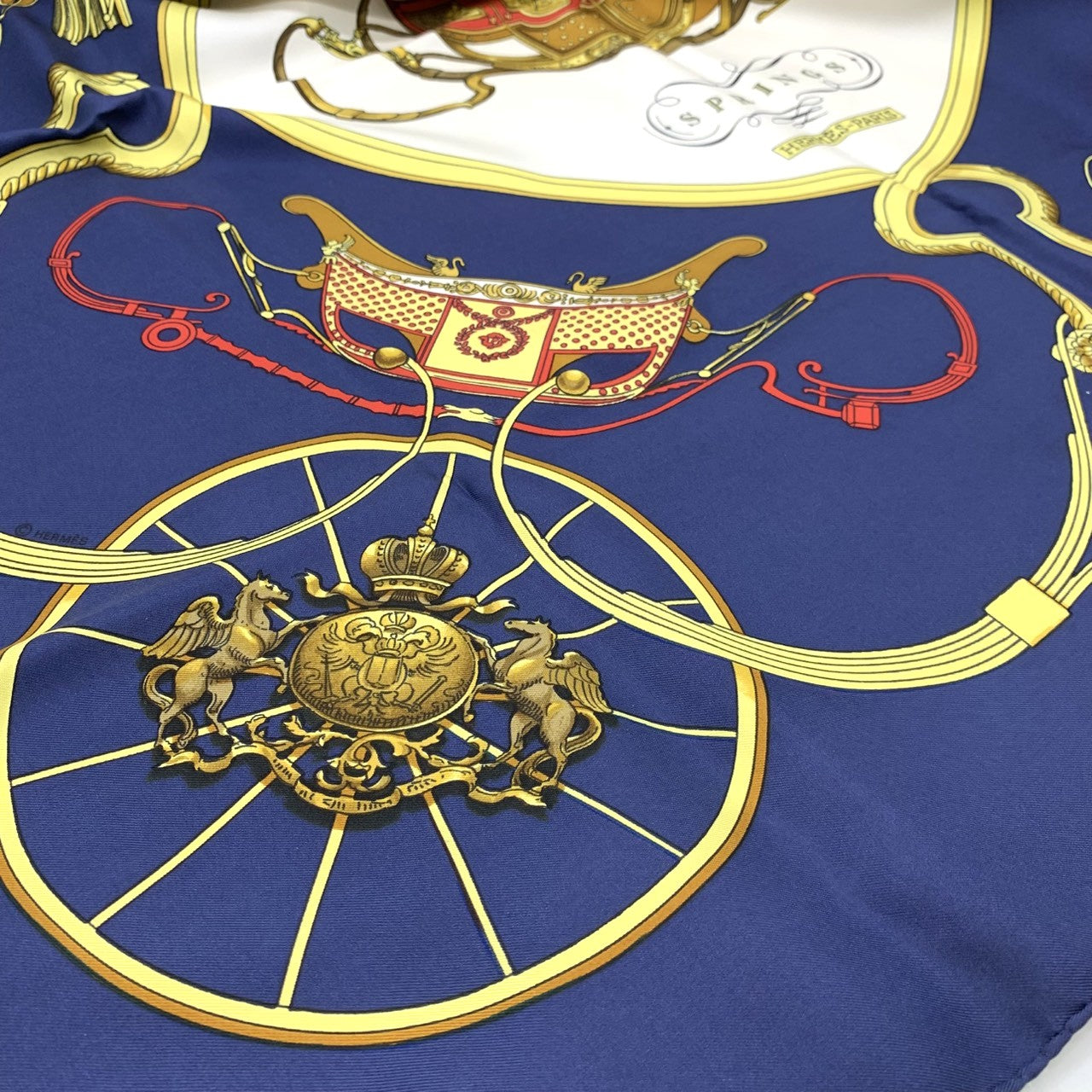 HERMES Carre 90 SPRINGS Scarf, Four-Wheeled Carriage, Silk, Navy, Women's Fashion Accessory PRE-OWNED