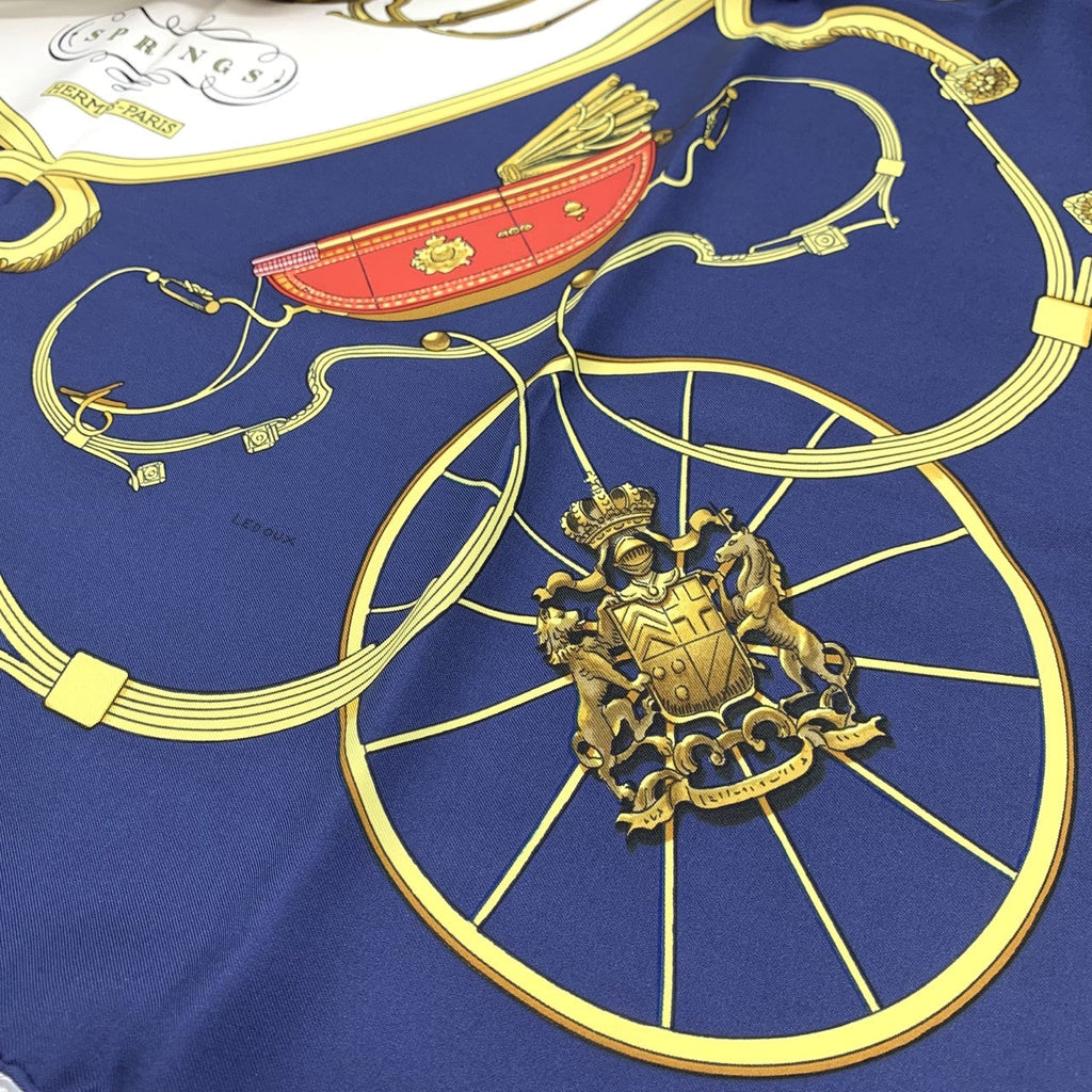 HERMES Carre 90 SPRINGS Scarf, Four-Wheeled Carriage, Silk, Navy, Women's Fashion Accessory PRE-OWNED