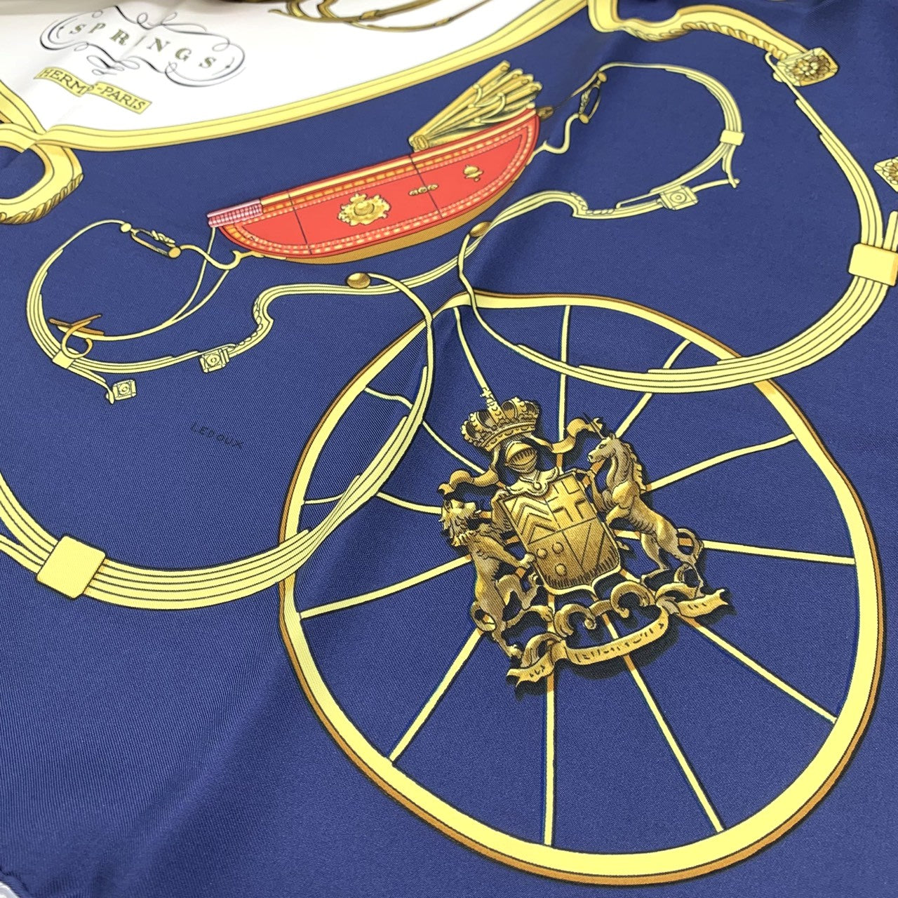 HERMES Carre 90 SPRINGS Scarf, Four-Wheeled Carriage, Silk, Navy, Women's Fashion Accessory PRE-OWNED