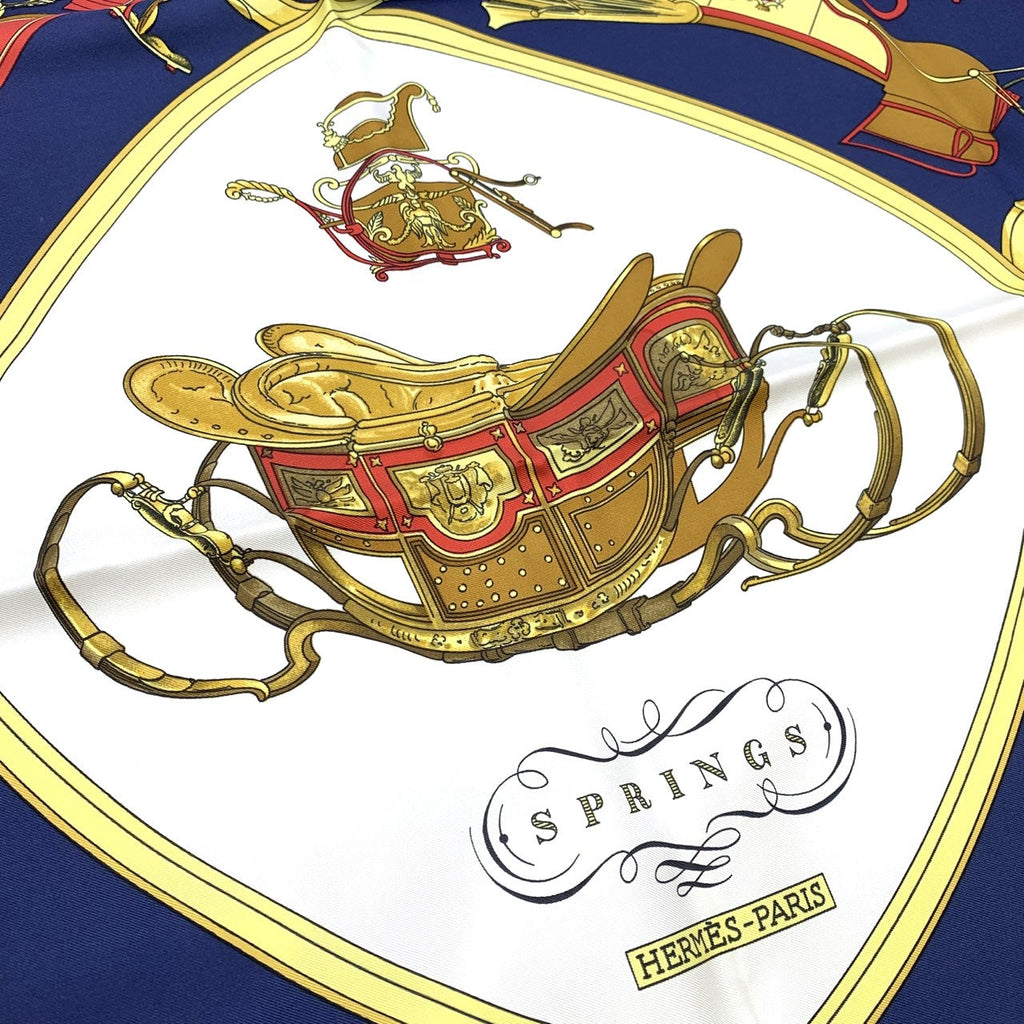HERMES Carre 90 SPRINGS Scarf, Four-Wheeled Carriage, Silk, Navy, Women's Fashion Accessory PRE-OWNED