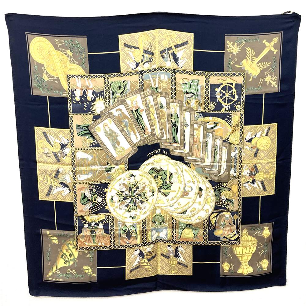 HERMES Carre 90 Scarf LE TAROT Tarot Card Silk Navy Women's PRE-OWNED