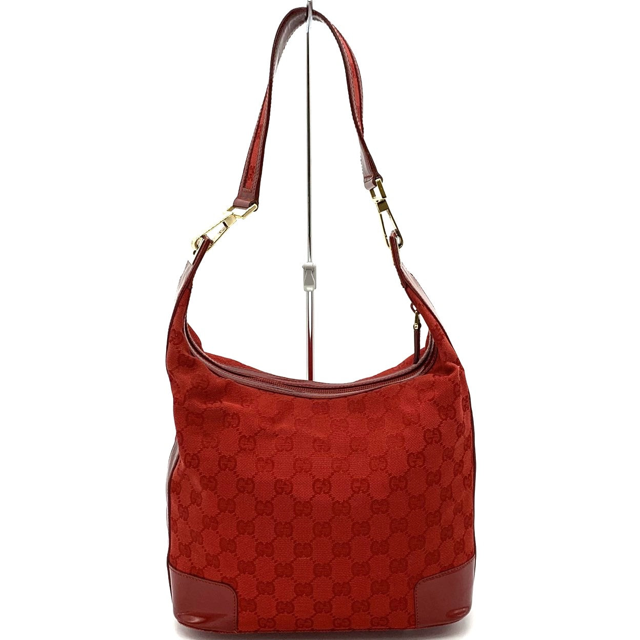 GUCCI 001 4204 Shoulder Bag GG Canvas Leather Red Women's PRE-OWNED
