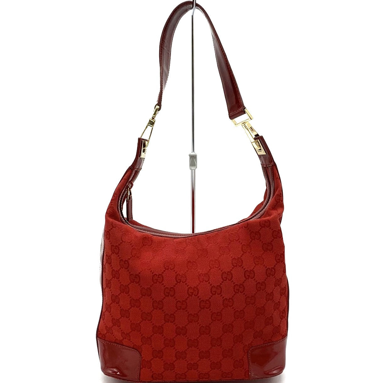 GUCCI 001 4204 Shoulder Bag GG Canvas Leather Red Women's PRE-OWNED