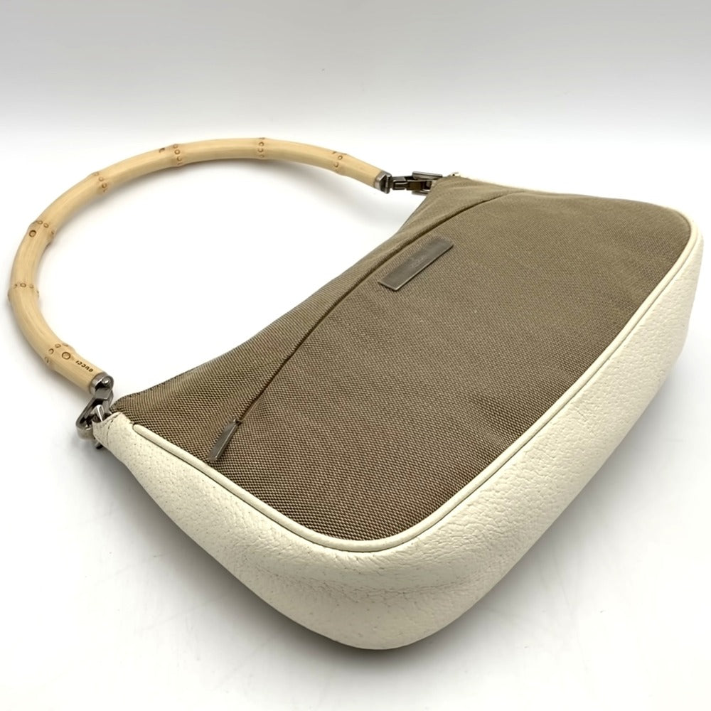 Gucci 001 3865 Bamboo Handbag/Pouch Canvas/Leather Beige Pre-owned