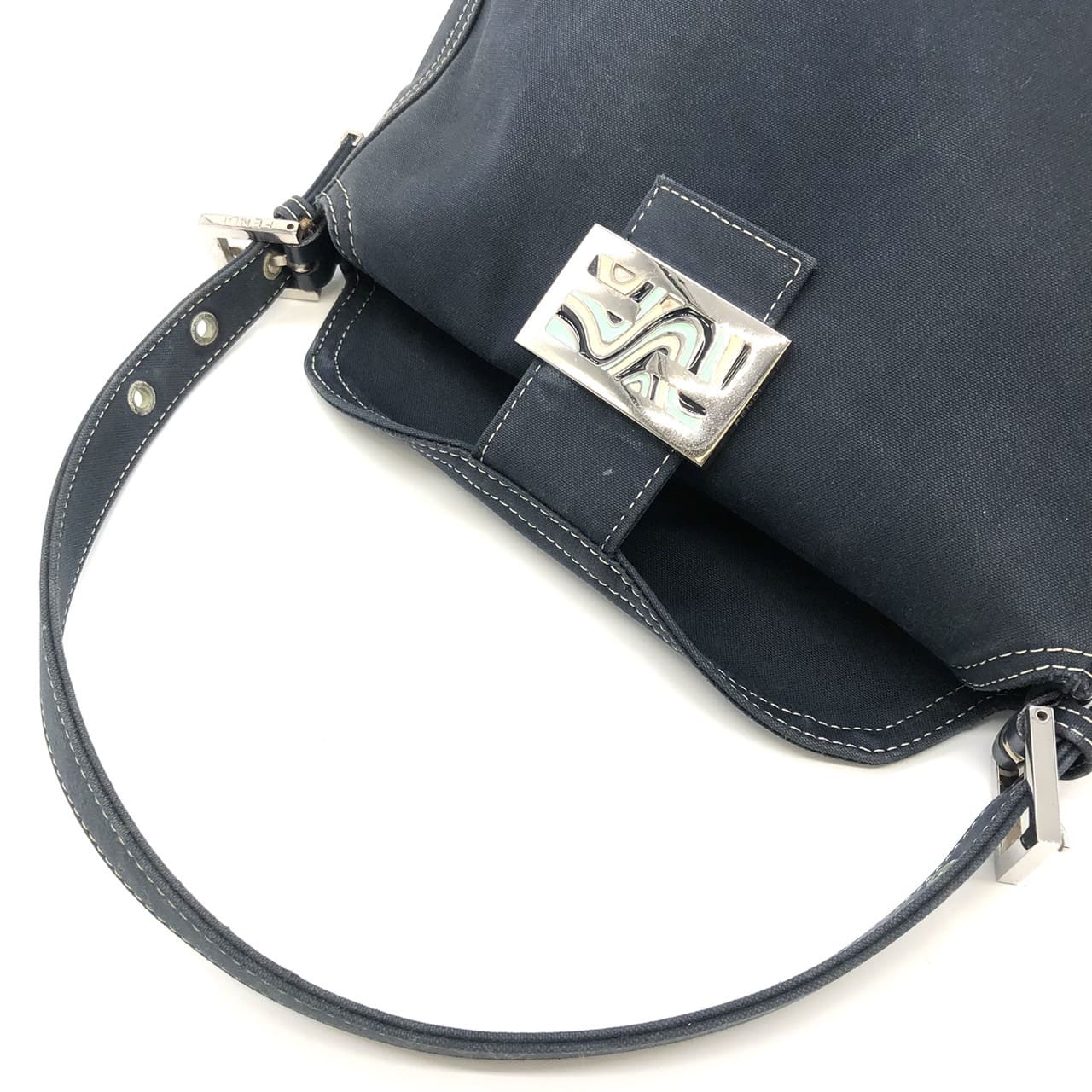FENDI Mamma Bucket Marble Shoulder Bag Handbag Canvas Navy Denim Women's PRE-OWNED