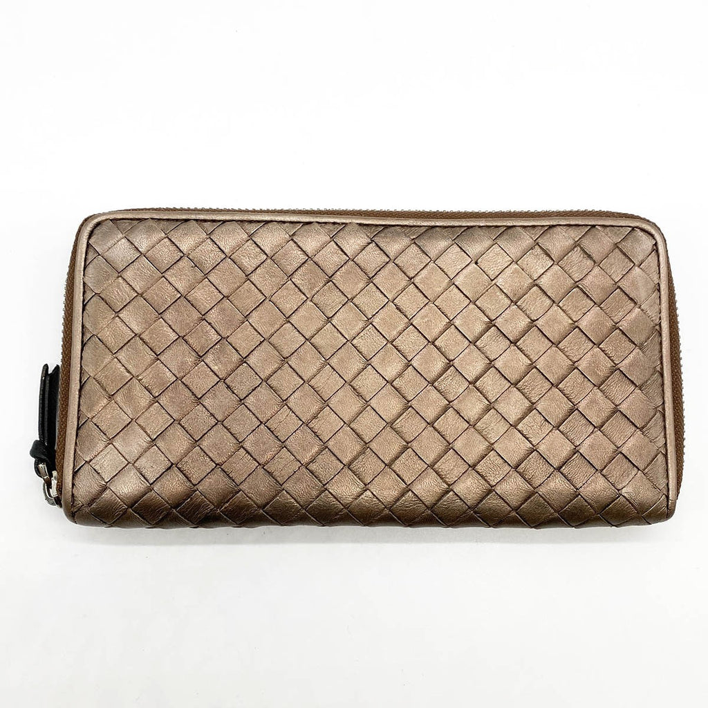 BOTTEGA VENETA Bottega Veneta Intrecciato Long Wallet, Round Zipper, Leather, Bronze, Brown, Gold, Women's Fashion PRE-OWNED