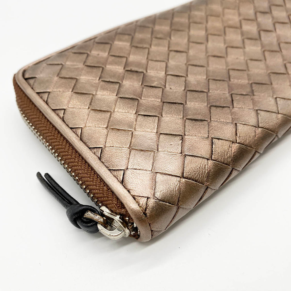 BOTTEGA VENETA Bottega Veneta Intrecciato Long Wallet, Round Zipper, Leather, Bronze, Brown, Gold, Women's Fashion PRE-OWNED