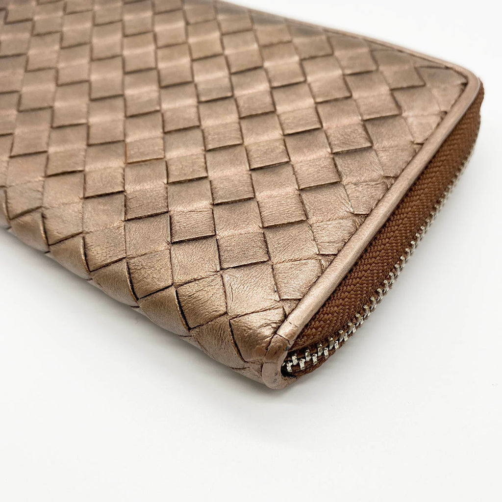 BOTTEGA VENETA Bottega Veneta Intrecciato Long Wallet, Round Zipper, Leather, Bronze, Brown, Gold, Women's Fashion PRE-OWNED