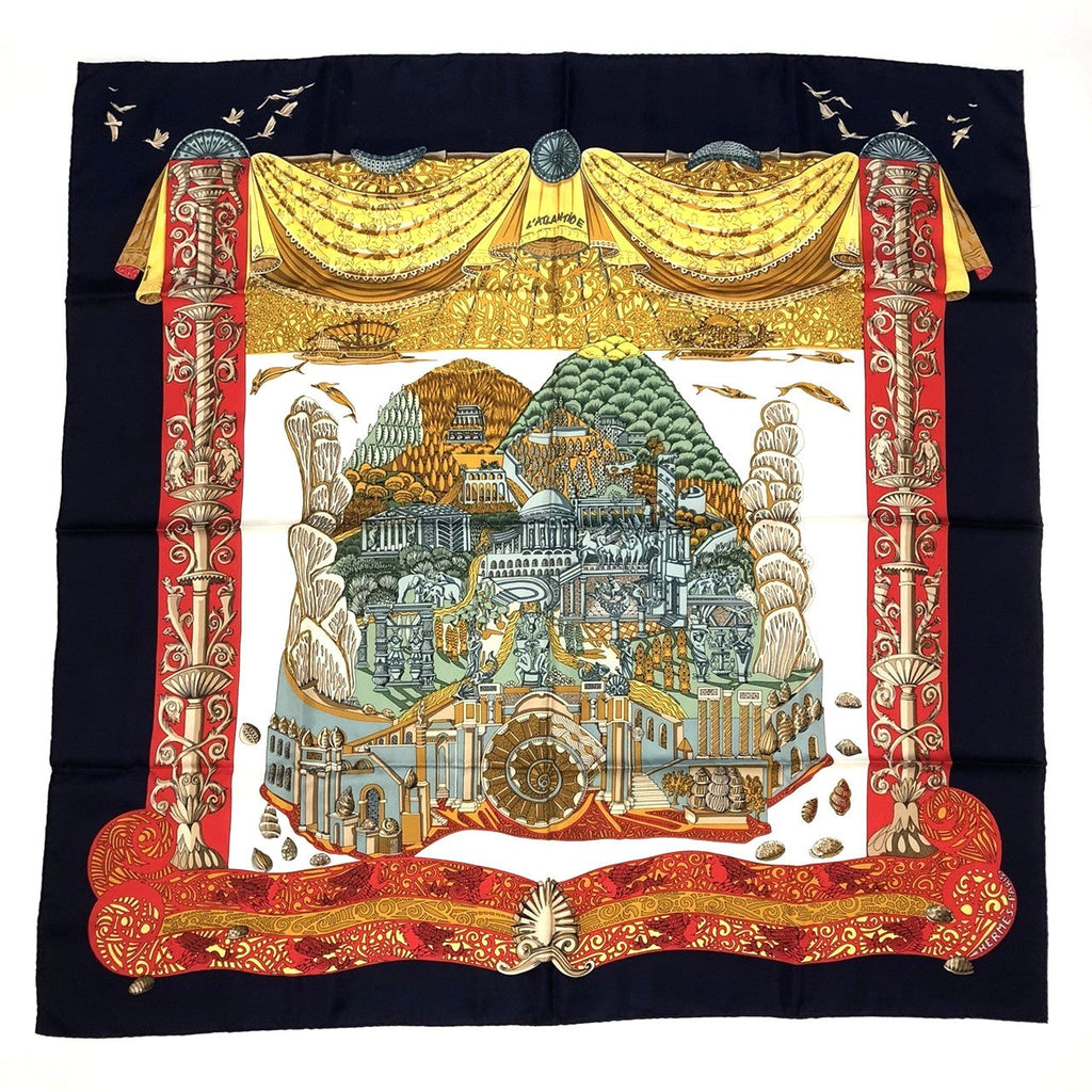Hermès Carré 90 L'Atlantide Scarf Silk Navy Pre-owned