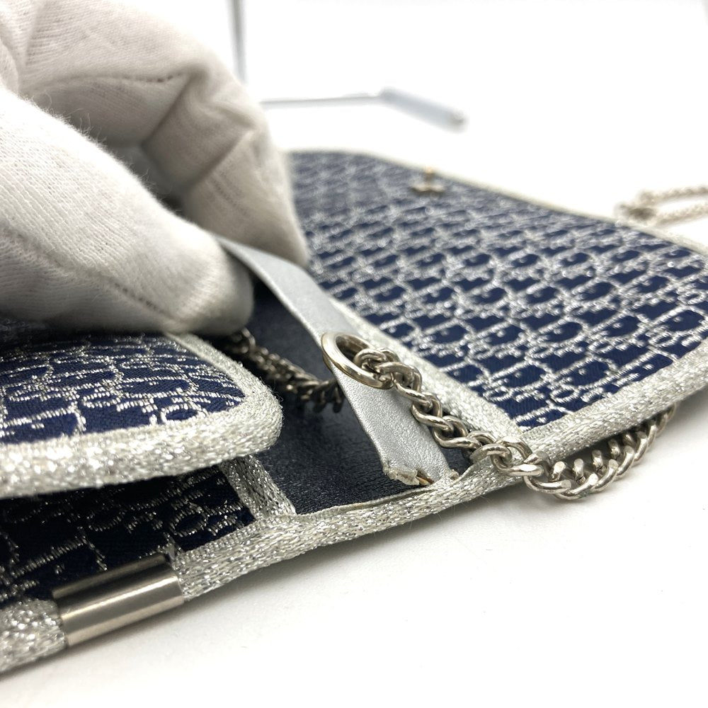 Christian Dior Chain Shoulder Bag Lamé Canvas Navy Pre-owned