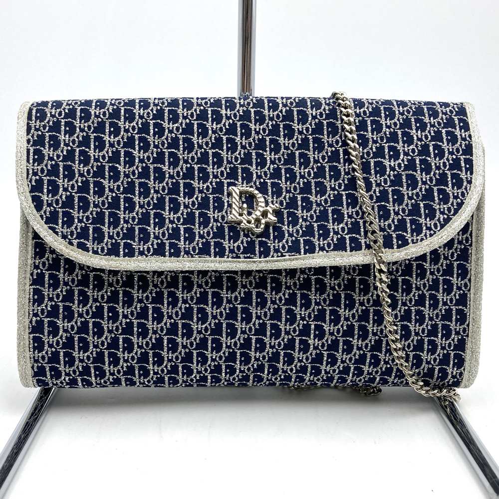 Christian Dior Chain Shoulder Bag Lamé Canvas Navy Pre-owned