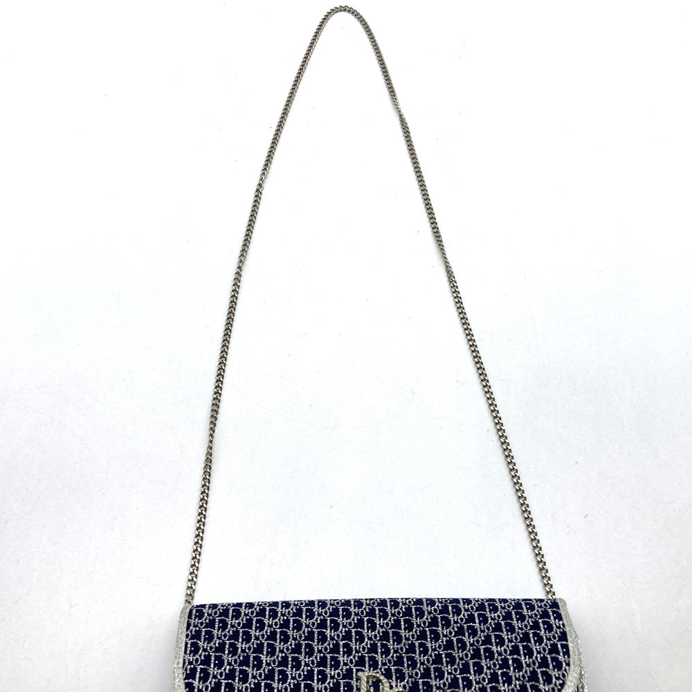 Christian Dior Chain Shoulder Bag Lamé Canvas Navy Pre-owned