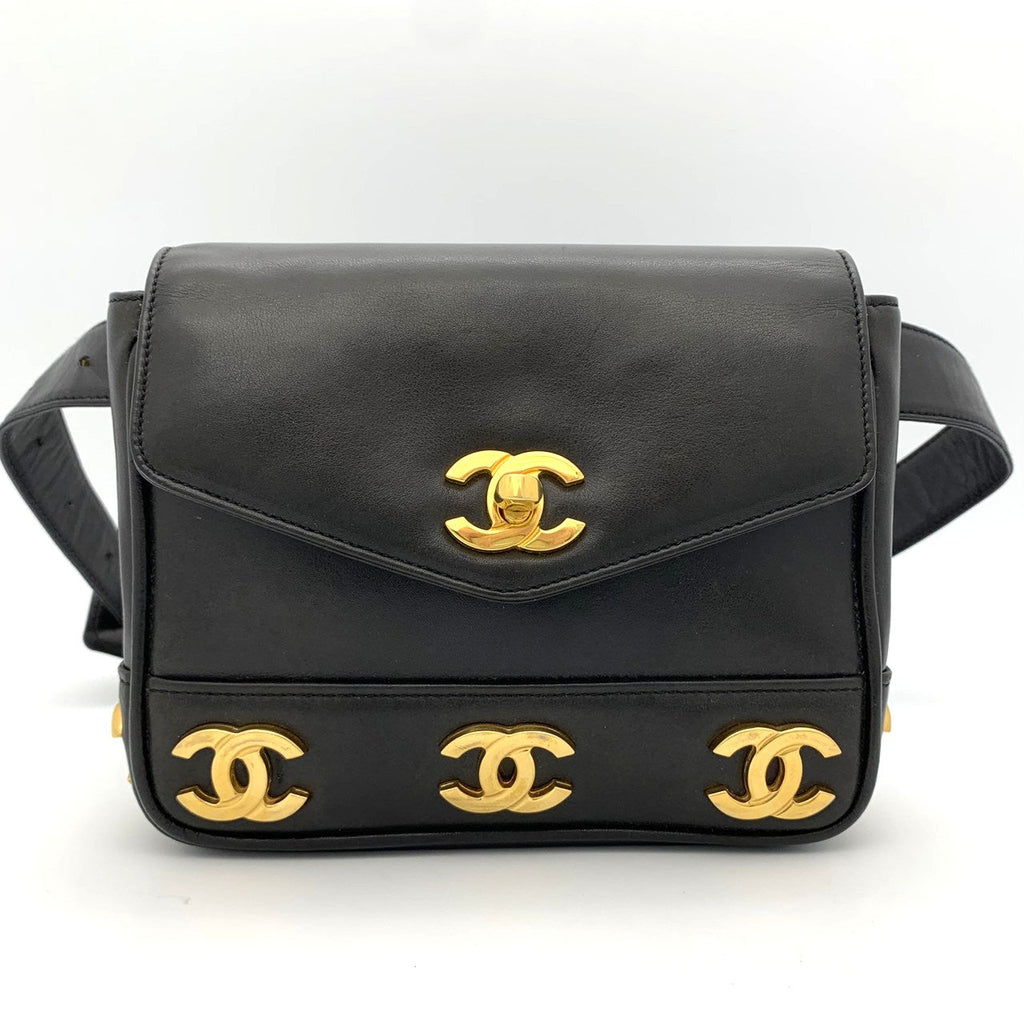 Chanel Triple Coco Mark Waist Bag Leather Black Pre-owned