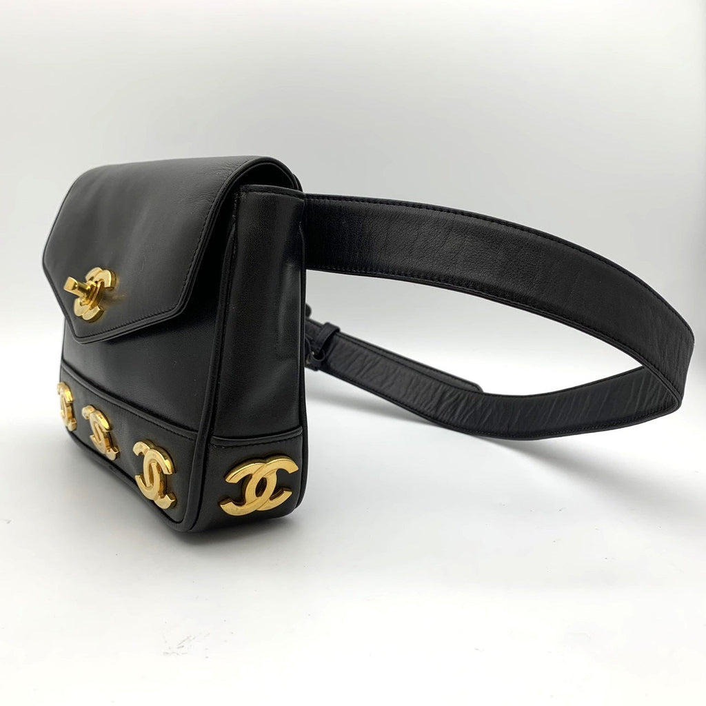 Chanel Triple Coco Mark Waist Bag Leather Black Pre-owned