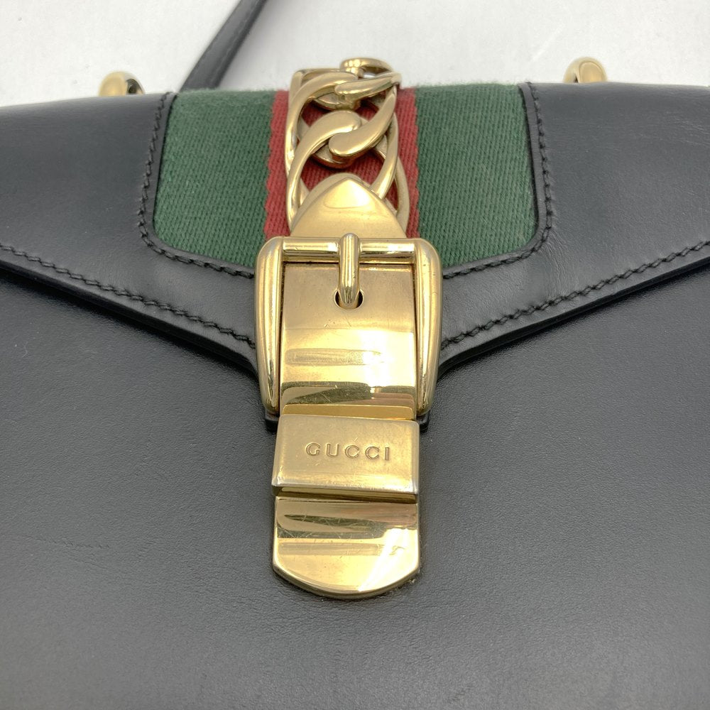 GUCCI 470270 Sylvie Shoulder Bag, Sherry Line Chain, Leather, Black, Women's PRE-OWNED