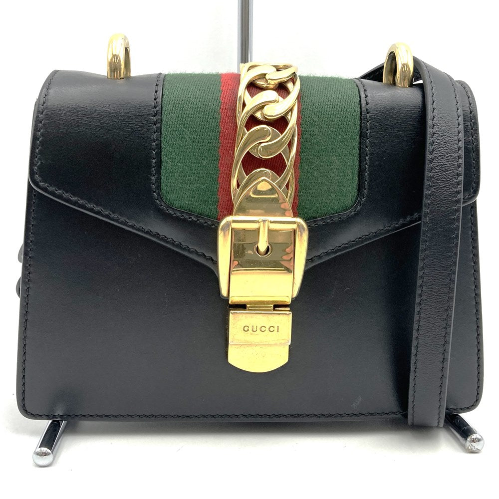 GUCCI 470270 Sylvie Shoulder Bag, Sherry Line Chain, Leather, Black, Women's PRE-OWNED