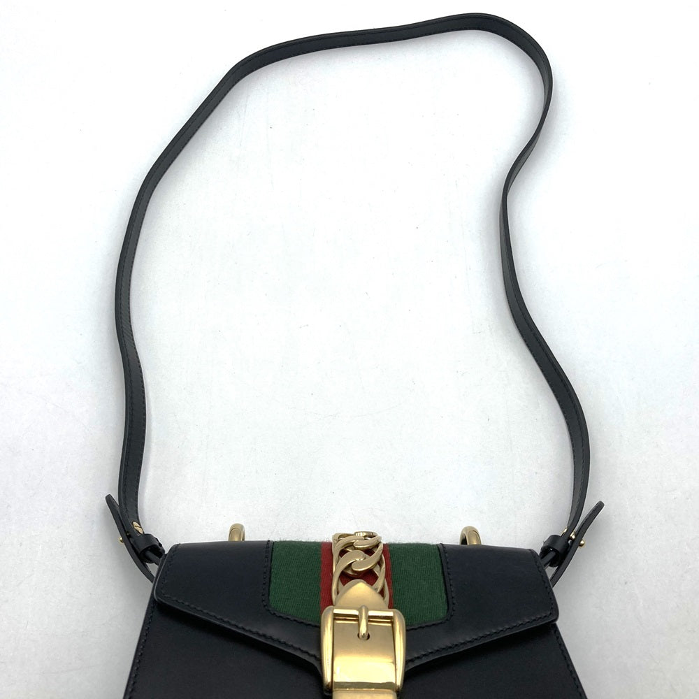 GUCCI 470270 Sylvie Shoulder Bag, Sherry Line Chain, Leather, Black, Women's PRE-OWNED