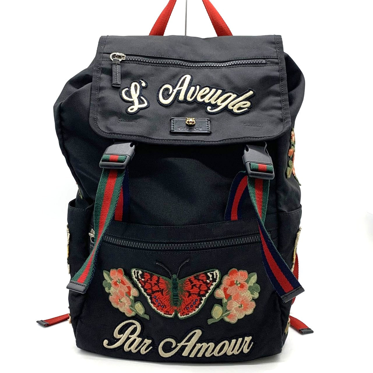 Gucci 450982 Embroidered Backpack/Daypack Nylon Black Pre-owned
