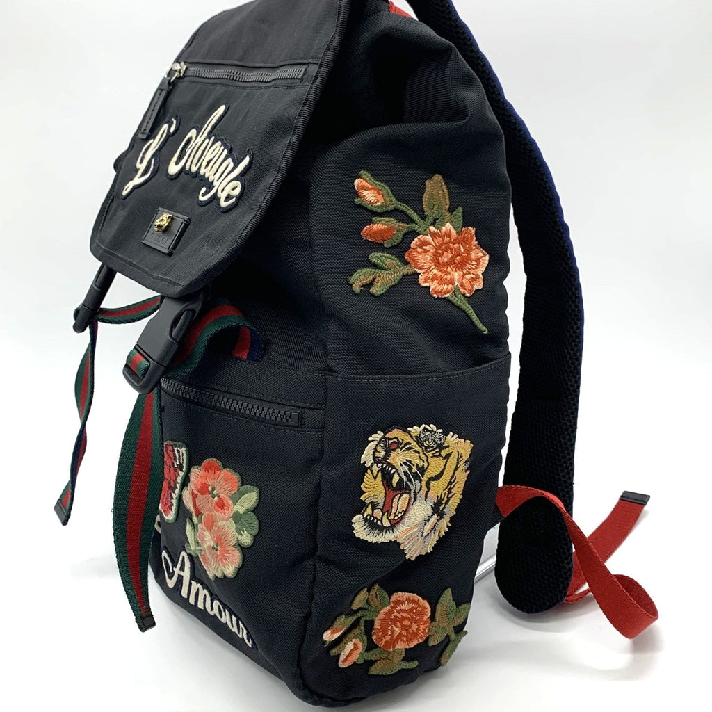 Gucci 450982 Embroidered Backpack/Daypack Nylon Black Pre-owned