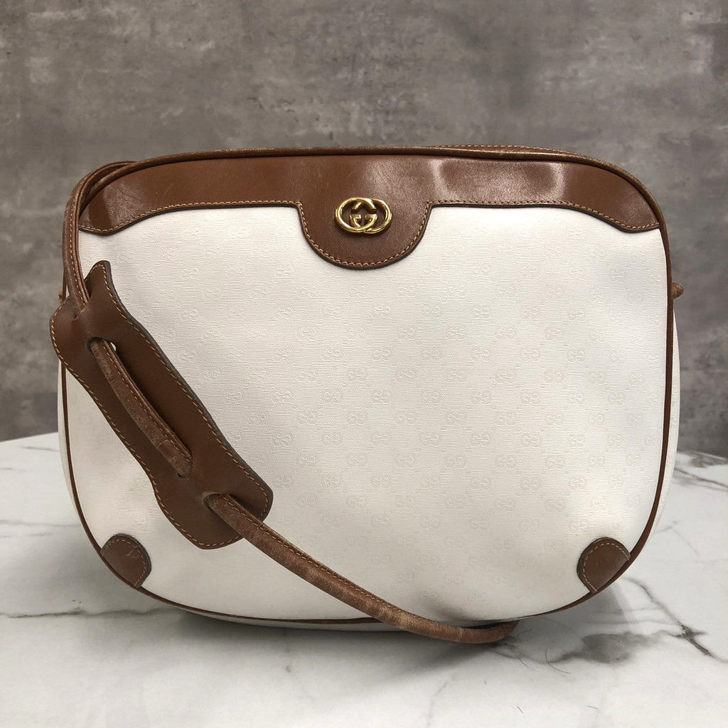 GUCCI Old Gucci 0001 104 0558 Shoulder Bag White Brown Micro GG PVC x Leather Brand Women's (Slightly Imperfect) PRE-OWNED