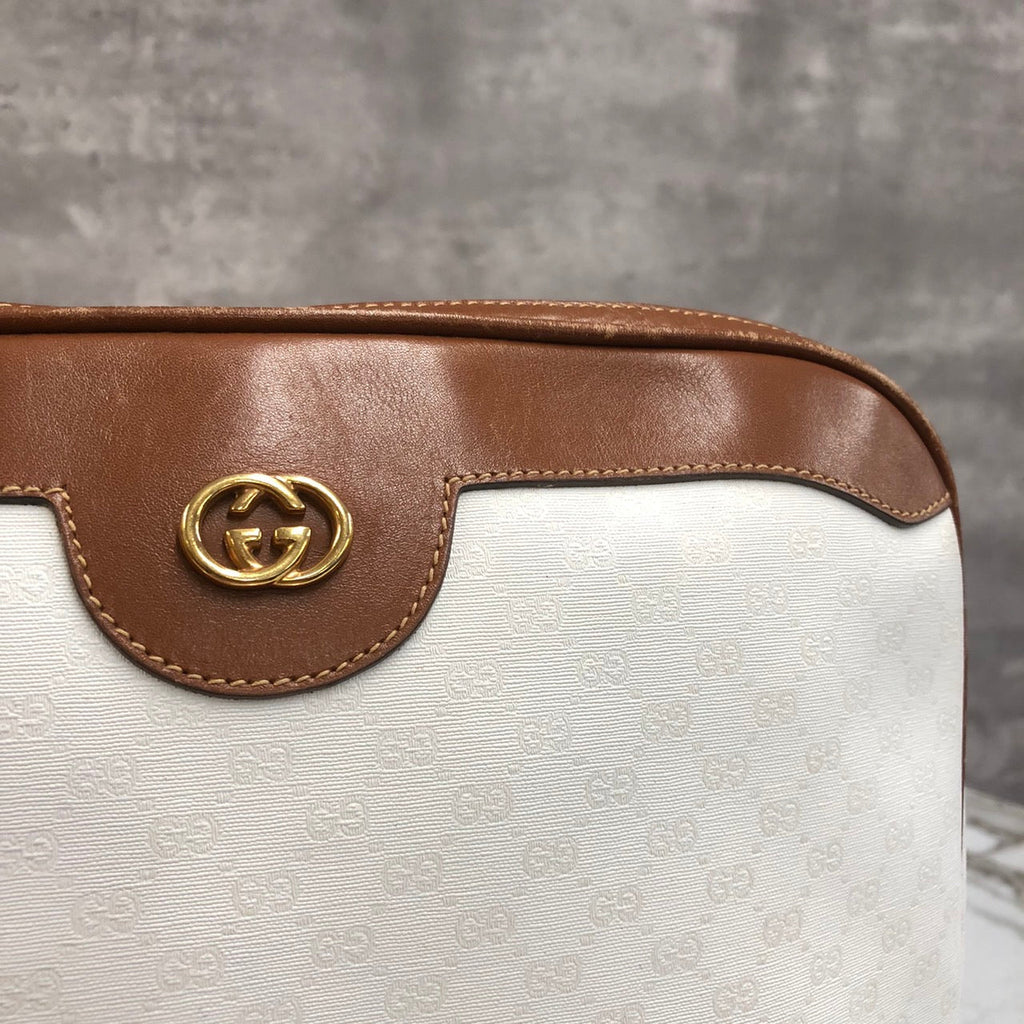 GUCCI Old Gucci 0001 104 0558 Shoulder Bag White Brown Micro GG PVC x Leather Brand Women's (Slightly Imperfect) PRE-OWNED