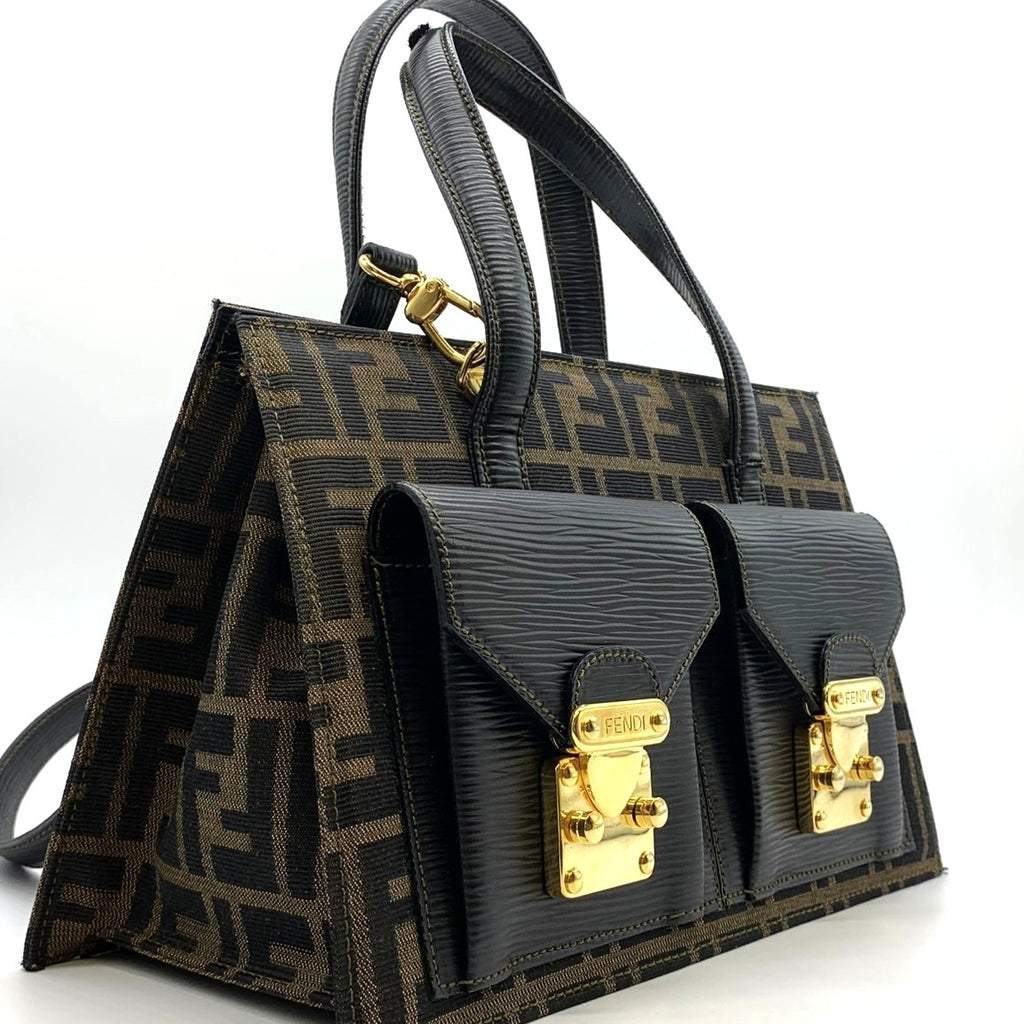 Fendi Zucca 2-Way Handbag/Shoulder Bag Nylon/Leather Brown Pre-owned