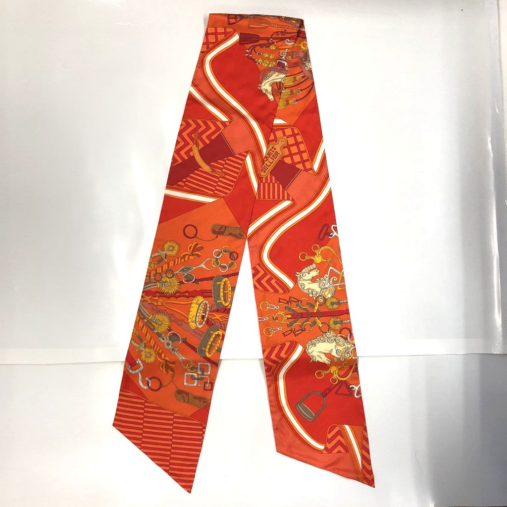 HERMES Hermes scarf maxi twilly BOUQUETS SELLIER (saddlemaker's bouquet) silk orange women's fashion brand PRE-OWNED