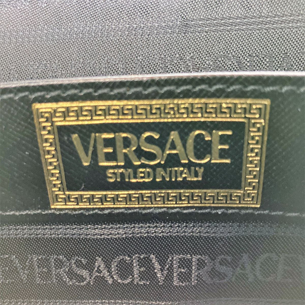 Beautiful VERSACE Vanity Bag, Makeup Case, Cosmetics, Black Leather with Gold Charm, Women's Fashion Accessory PRE-OWNED