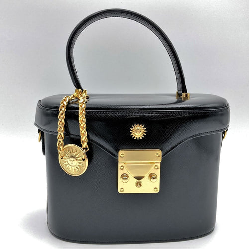 Beautiful VERSACE Vanity Bag, Makeup Case, Cosmetics, Black Leather with Gold Charm, Women's Fashion Accessory PRE-OWNED