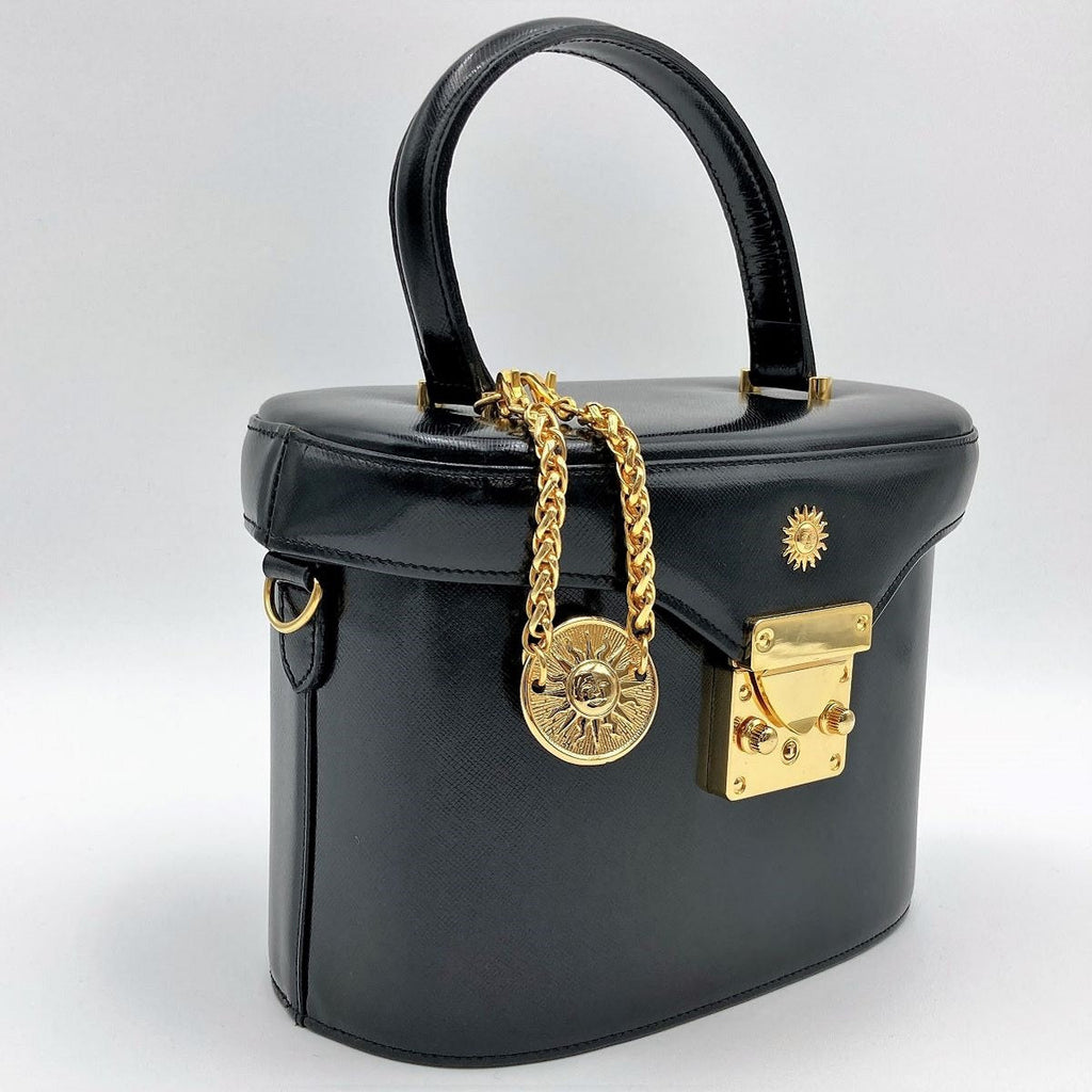 Beautiful VERSACE Vanity Bag, Makeup Case, Cosmetics, Black Leather with Gold Charm, Women's Fashion Accessory PRE-OWNED