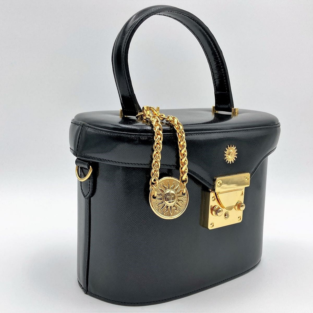 Beautiful VERSACE Vanity Bag, Makeup Case, Cosmetics, Black Leather with Gold Charm, Women's Fashion Accessory PRE-OWNED