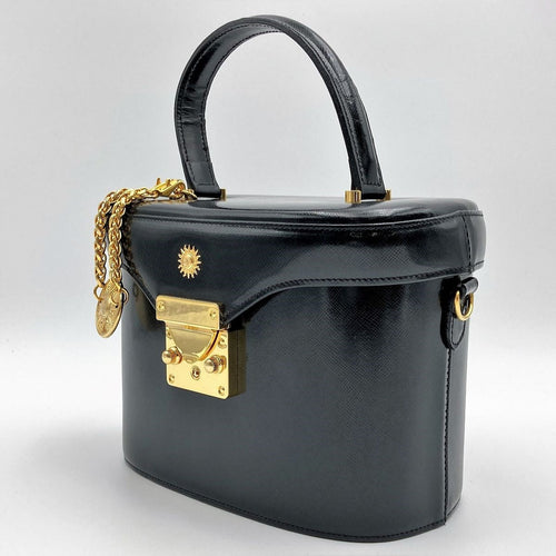 Beautiful VERSACE Vanity Bag, Makeup Case, Cosmetics, Black Leather with Gold Charm, Women's Fashion Accessory PRE-OWNED