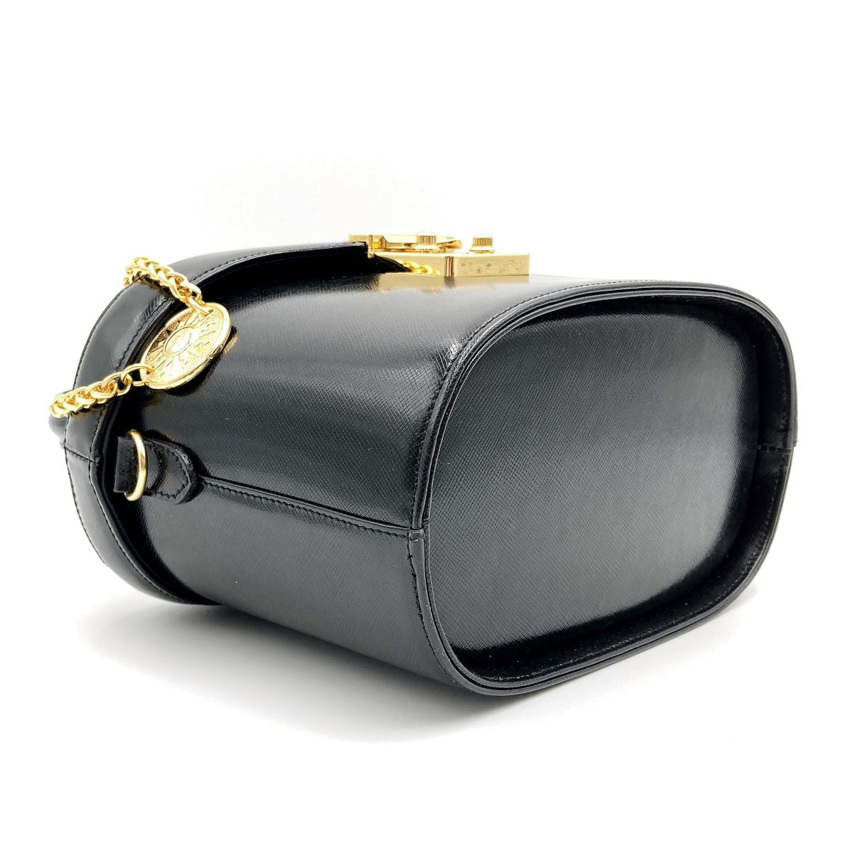 Beautiful VERSACE Vanity Bag, Makeup Case, Cosmetics, Black Leather with Gold Charm, Women's Fashion Accessory PRE-OWNED